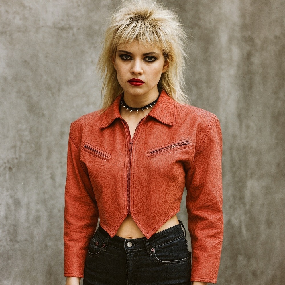 VTG Tip Top California Cropped Red Embossed‎ Leather Jacket 80s Korea S